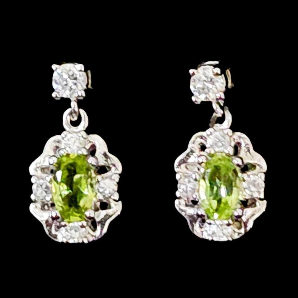 Vintage Y2k Dainty Sterling Silver Peridot & Diamond Halo Dangle Stud Earrings